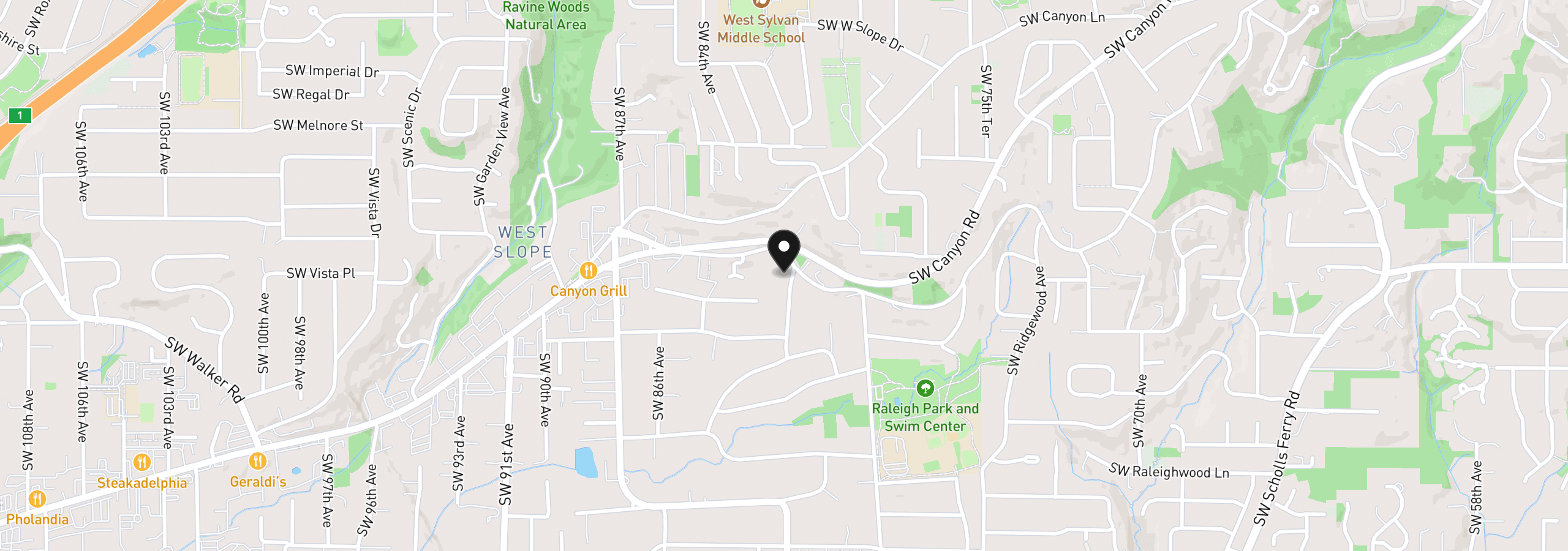 Map showing the location of 8220 SW Canyon Dr, Portland, OR 97225