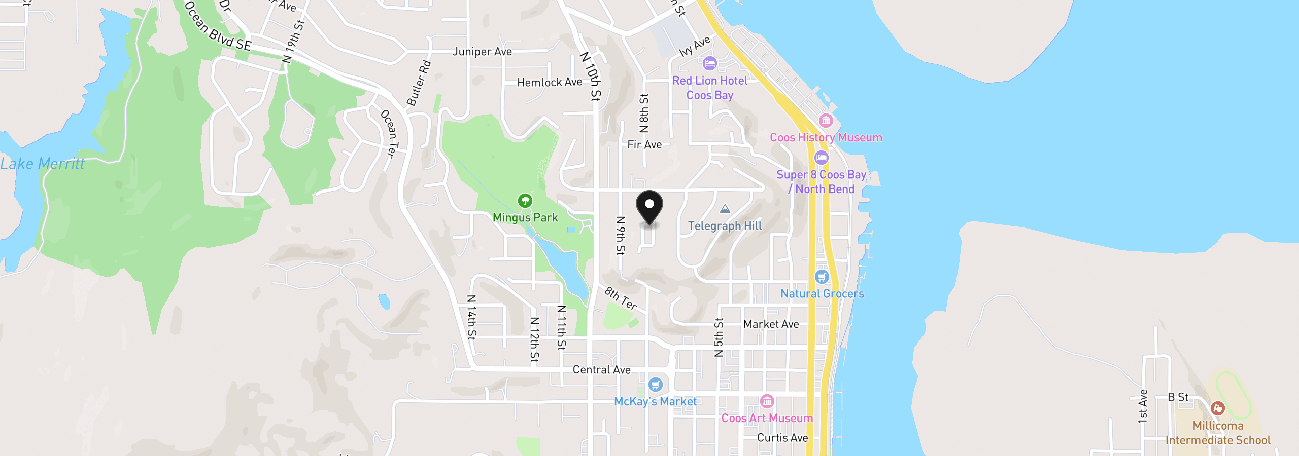 Map showing the location of 729 N 8th St, Coos Bay, OR 97420