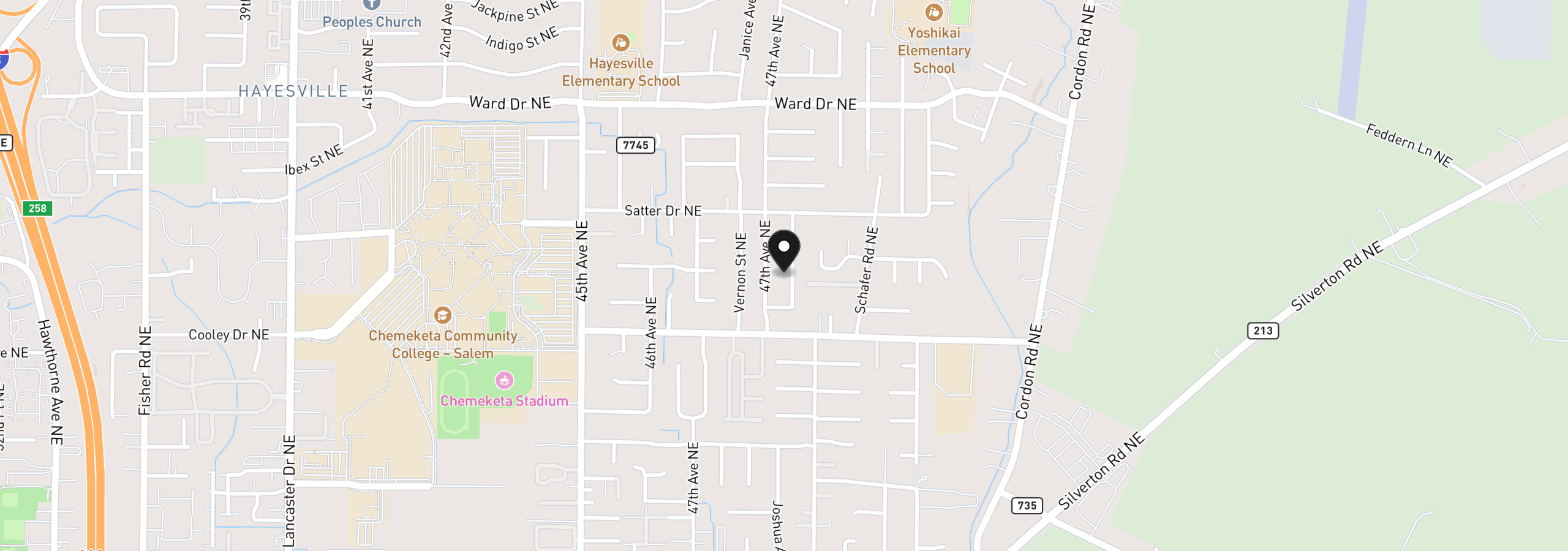 Map showing the location of 4077 Penticton Cir NE, Salem, OR 97305