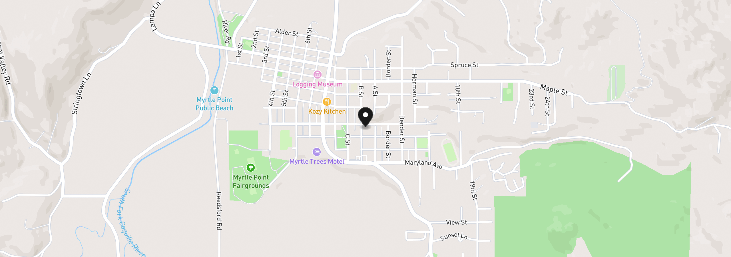Map showing the location of 725 B St, Myrtle Point, OR 97458
