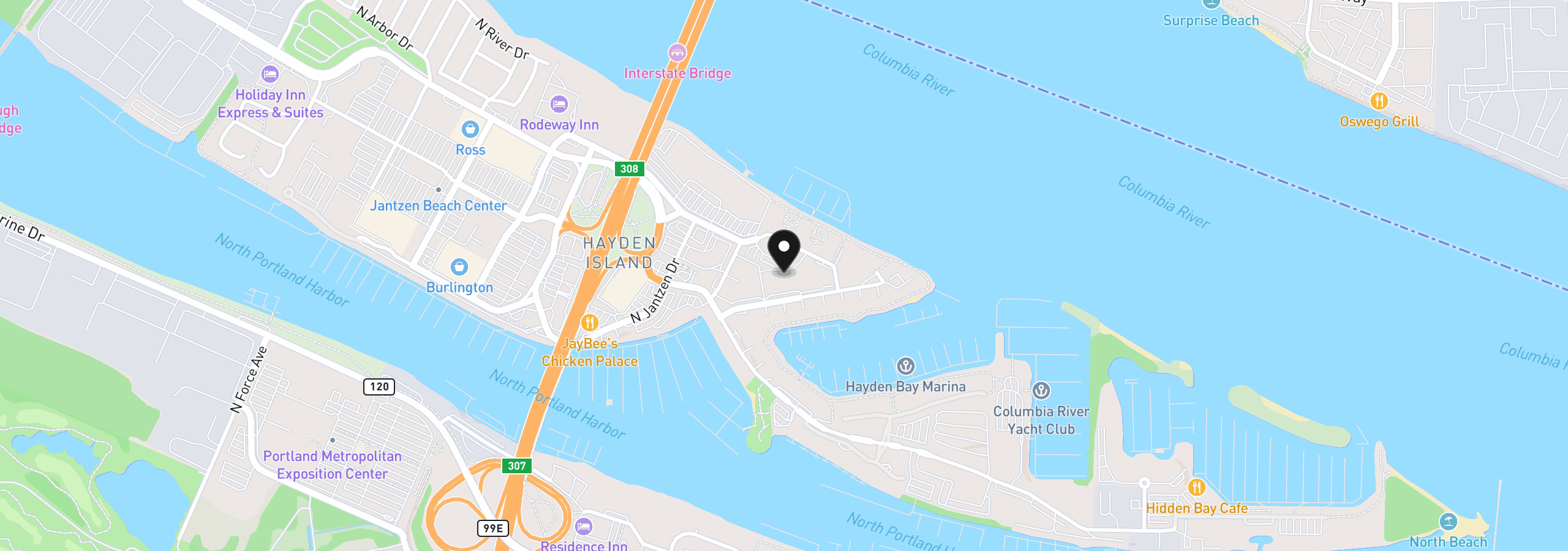 Map showing the location of 478 N Hayden Island Dr, Portland, OR 97217