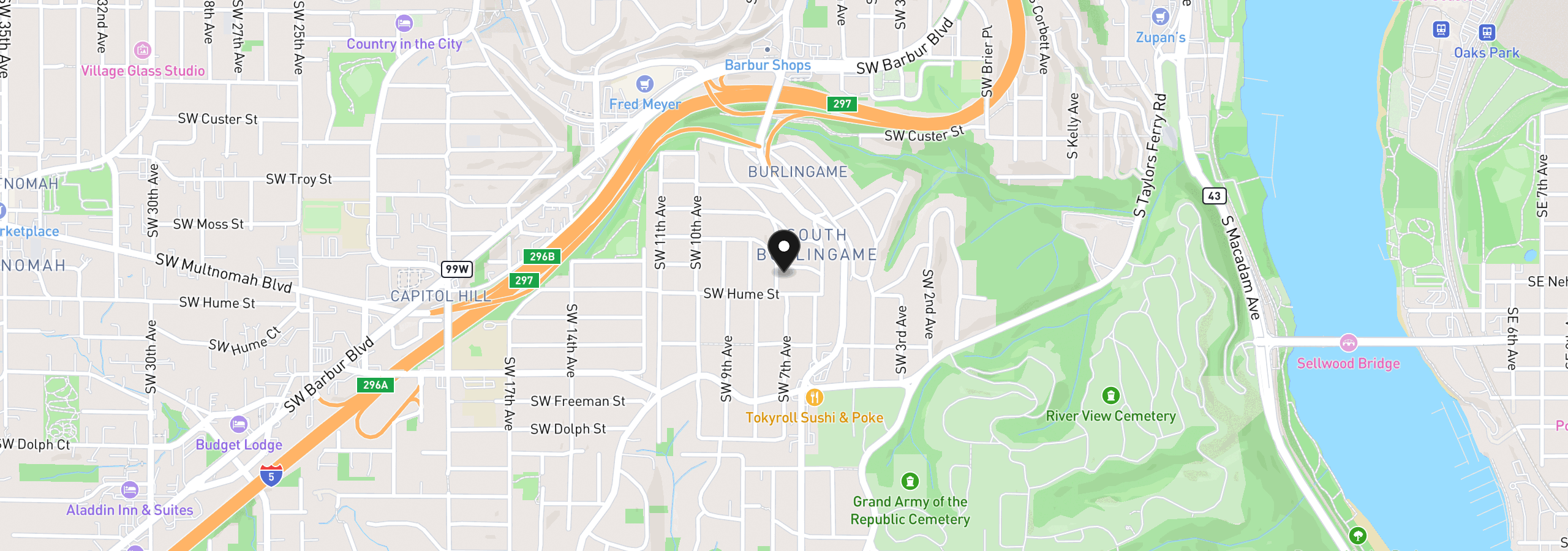 Map showing the location of 660 SW Evans St, Portland, OR 97219