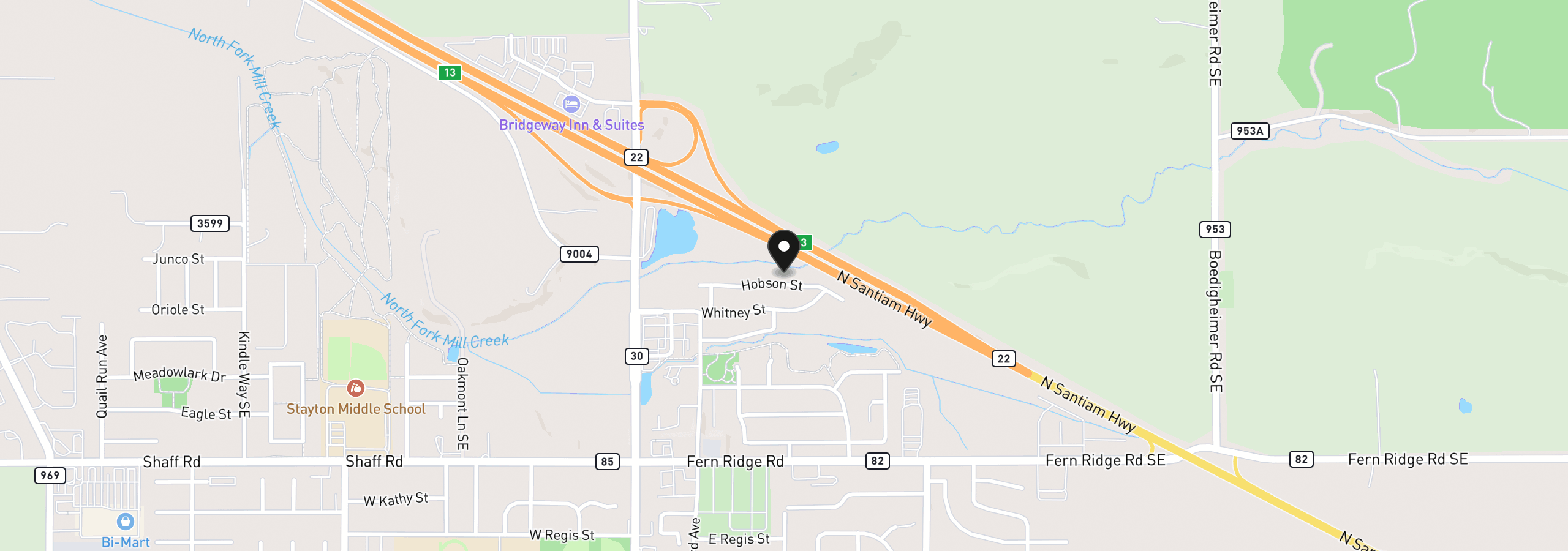 Map showing the location of 571 Hobson St, Stayton, OR 97383